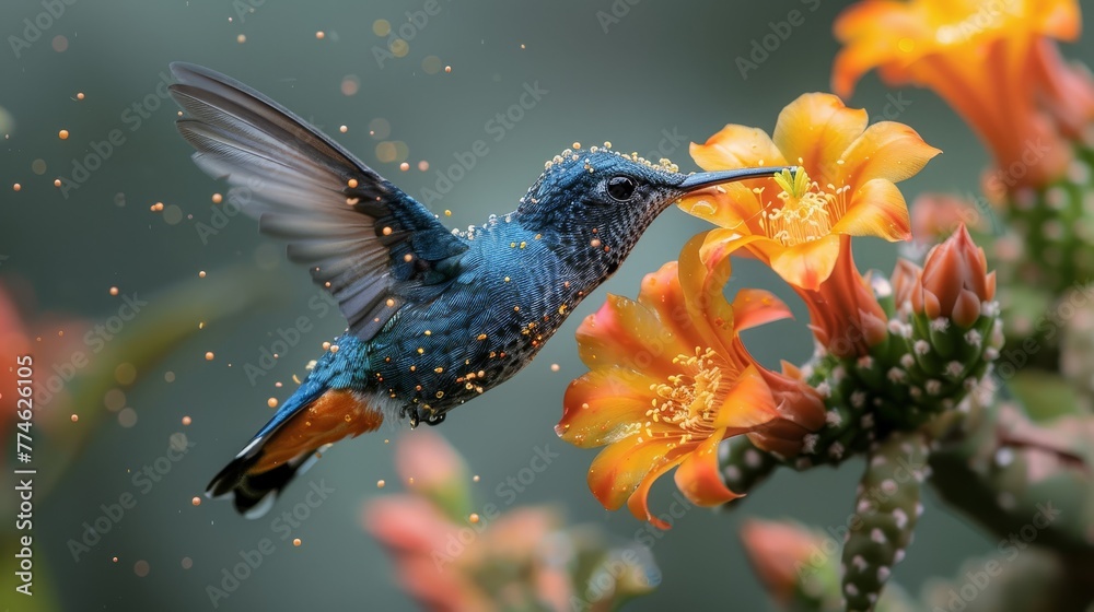   A vibrant hummingbird, with iridescent blue-orange feathers, feeds on a sunny yellow blossom while its wings sparkle with raindrops