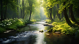 A river flows through the landscape in an enchanted forest woodland lush greenery background
