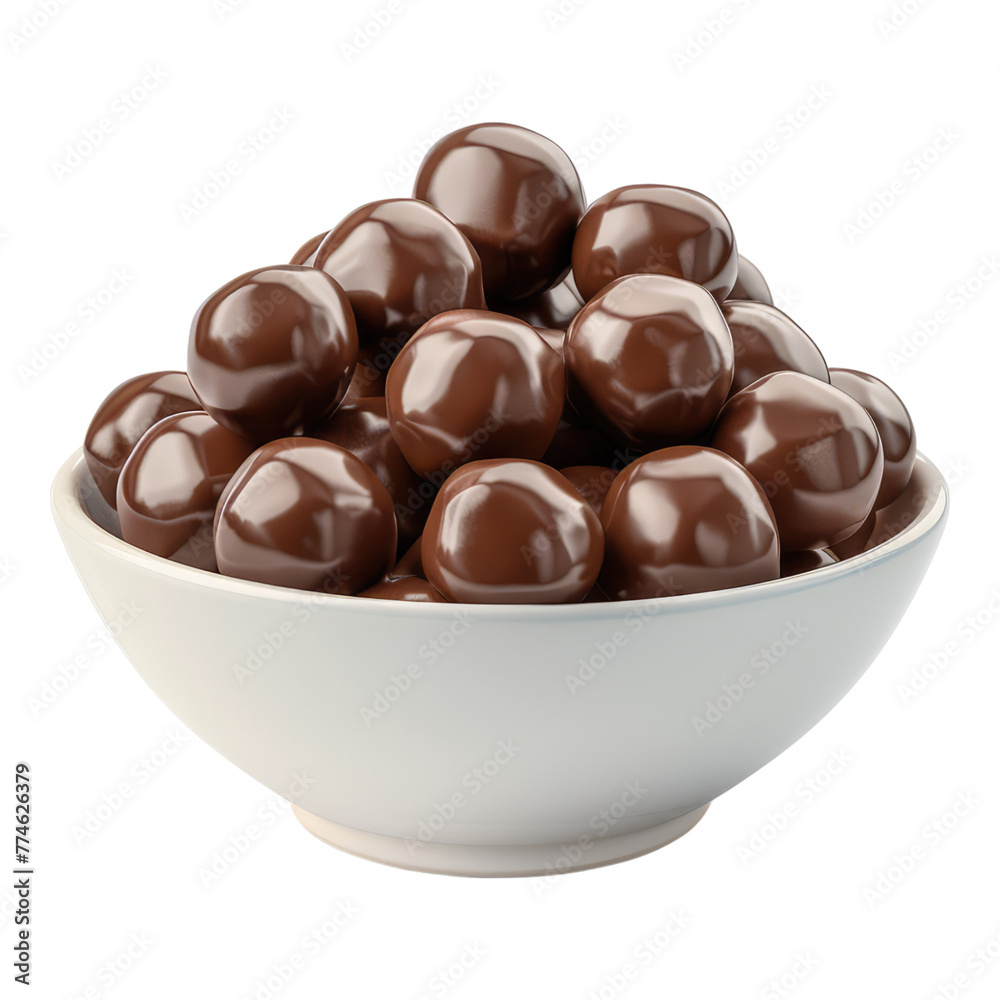 Chocolate malt balls on white bowl isolated on transparent background Chocolate malt balls on white bowl isolated on transparent background