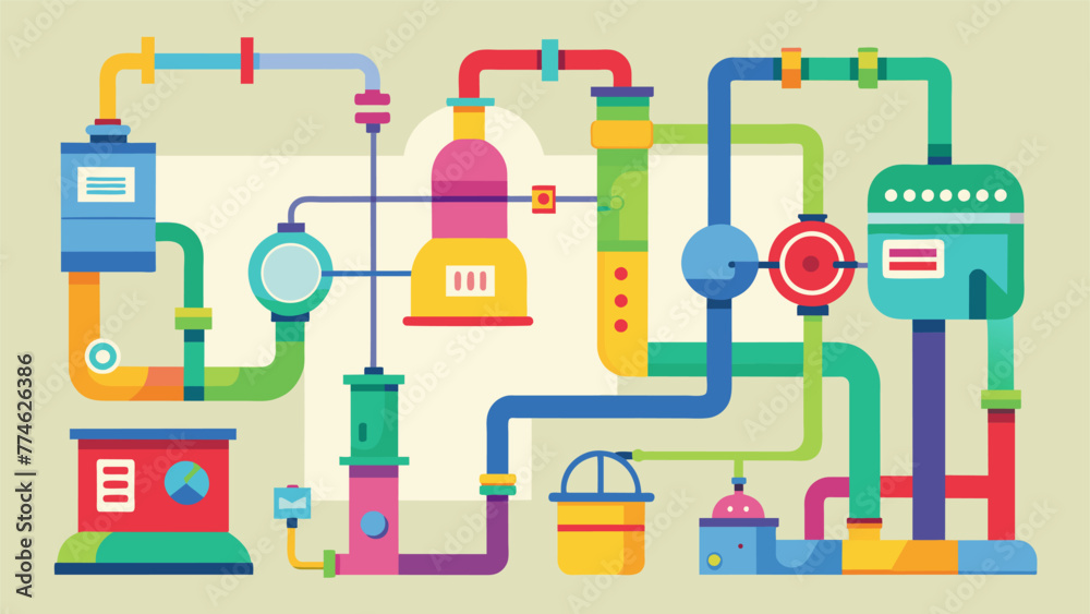 A set of colorful pipes and tubes connecting different machines and equipment demonstrating the closedloop system in which waste materials are A set of colorful pipes and tubes connecting different machines and equipment demonstrating the closedloop system in which waste materials are