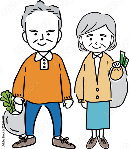 買い物バックを持つシニアの男性と女性②