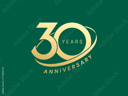 30th Anniversary luxury gold celebration with Gold Circle Curve logo typography vector design concept. Thirty Years anniversary gold logo template for celebration event, business company, invitation. 