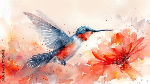   A stunning watercolor depiction of a graceful hummingbird in motion against a serene white backdrop  surrounded by vibrant red and orange blossoms