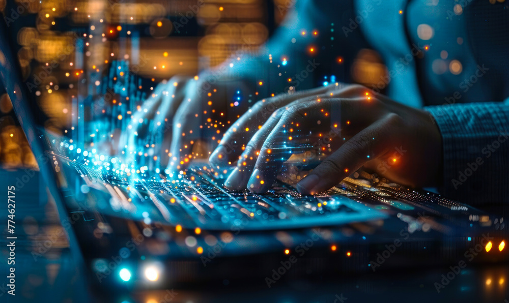 Hands typing on a keyboard with lines of code and circuit board in the