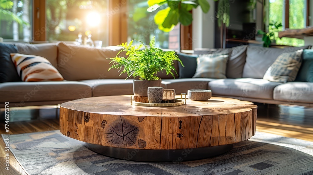   A cozy living room featuring a comfy couch, coffee table, and a lush potted plant atop a wooden table
