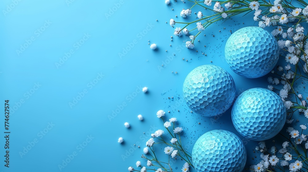   Four blue golf balls atop a blue surface Nearby, a bouquet of baby's breath flowers