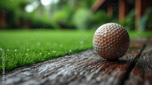   A tight shot of a golf ball atop a wooden tee, situated before a lush, green grassy expanse and a house visible in the background