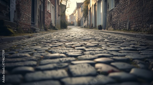  A cobblestoned street bordered by brick structures, featuring a solitary red rose at its center