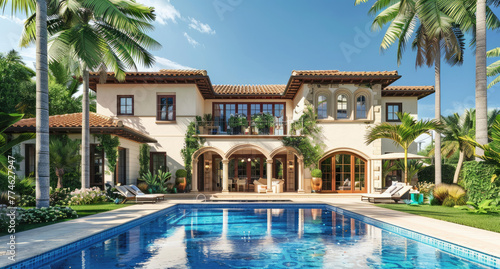 beautiful Spanish villa with a pool and palm trees in the background, blue sky, sunny day, luxury house