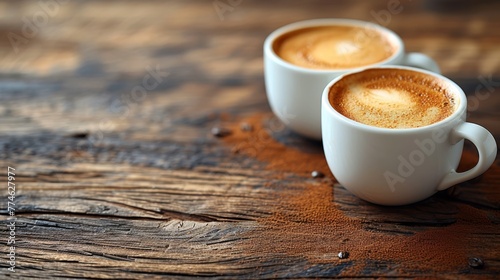  Two cups of cappuccino on a wooden table, placed side by side