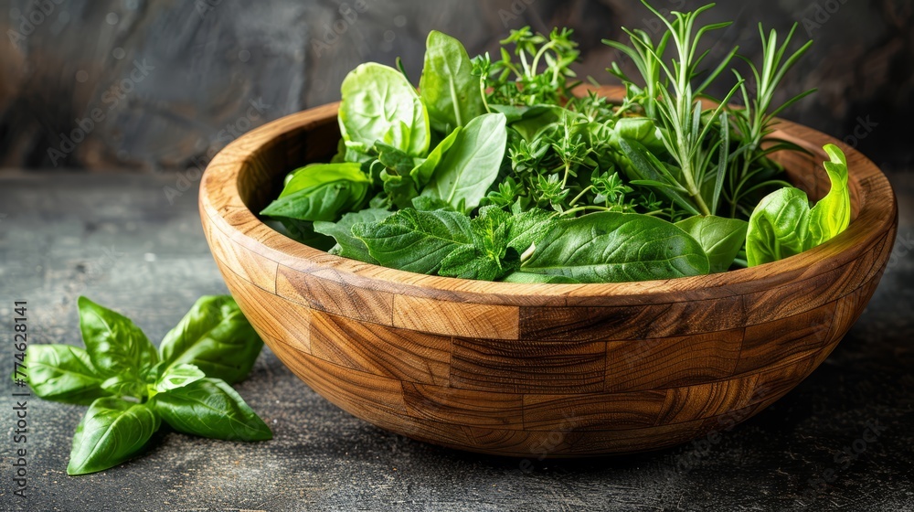   A wooden bowl brimming with fresh herbs atop a stone counter, adjacent to a lush green plant