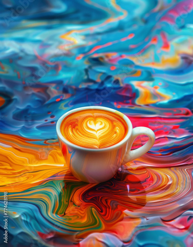 A cup of coffee with swirls and a colorful abstract background