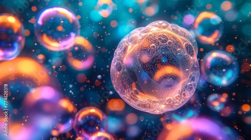 A multitude of soap bubbles hover above a blue and purple backdrop, filled with numerous bubbles in flight