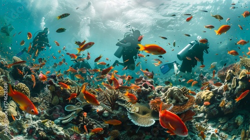 Divers collect trash around coral and fish life under the sea world ocean day world environment day Virtual image