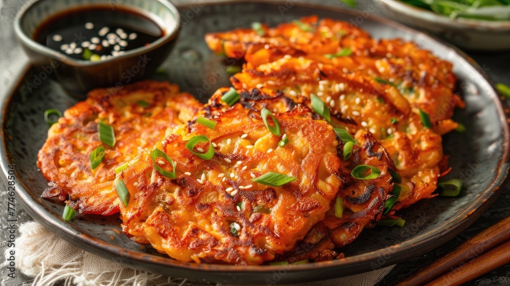 Potato pancakes with sesame seeds and green onions on a plate Potato pancakes with sesame seeds and green onions on a plate