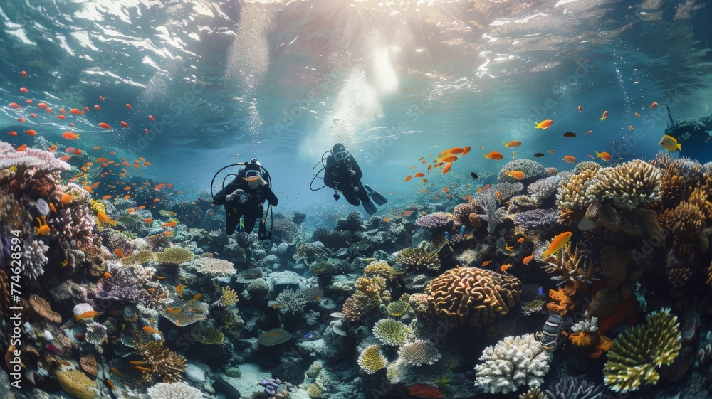 Naklejka premium Divers collect trash around coral and fish life under the sea world ocean day world environment day Virtual image