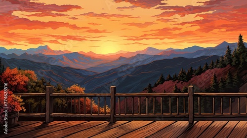 Wooden terrace in the mountains at sunset © tnihousestudio