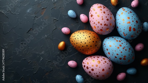   A collection of vibrant eggs arranged atop a dark, speckled surface; speckled eggs positioned centrally amongst them