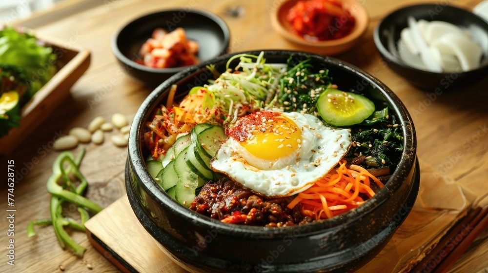Bibimbap on wooden table. Korean food Bibimbap on wooden table. Korean food