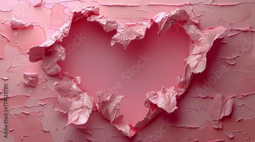  A detailed image of a heart-shaped piece of pink paint on a pink wall with peeling paint around it