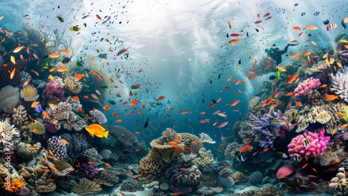Divers photograph corals and fish, marine life..world ocean day world environment day Virtual image. © Annawet boongurd