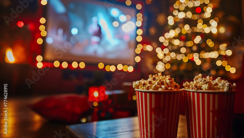 Cinematic photo of two red striped paper buckets with popcorn on the cinema seats in front of a big screen and colorful Christmas tree © wanna