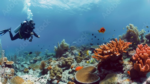 Divers photograph corals and fish, marine life..world ocean day world environment day Virtual image.