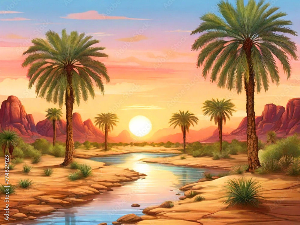 Desert forest landscape at sunset scene with oasis