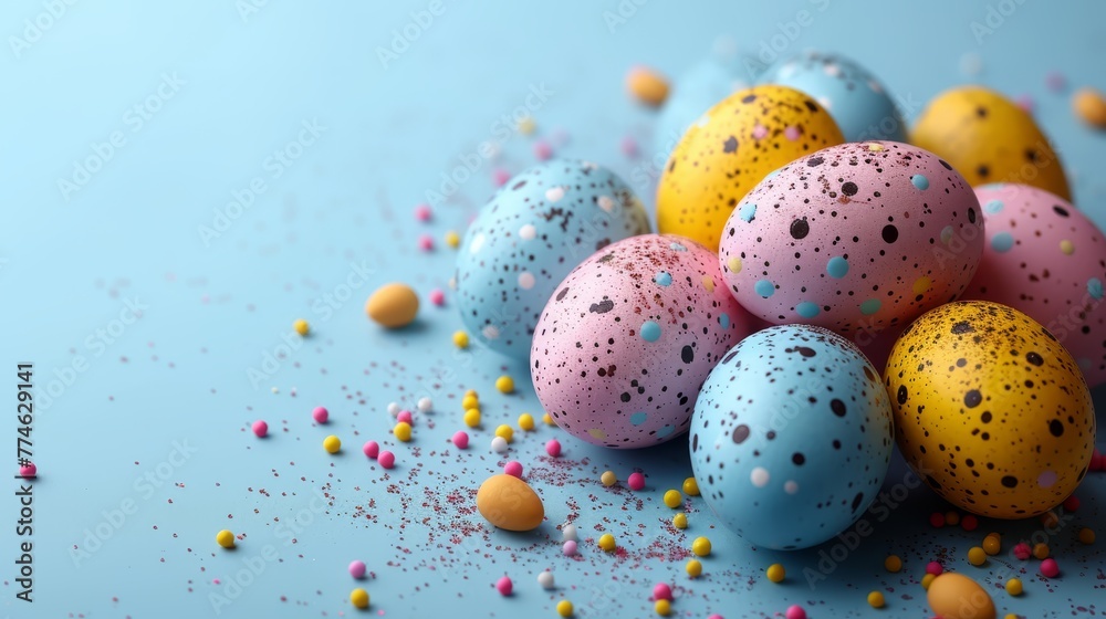   A blue surface is adorned with a stack of colorful, speckled eggs dotted with confetti sprinkles