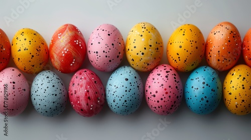  A line of painted eggs aligned on a white, porous surface, each bearing a central hole