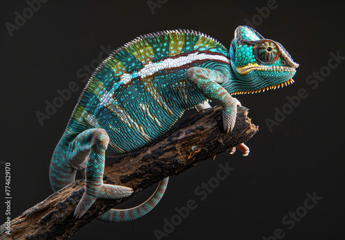 Beautiful chameleon with green, blue and red stripes on its back is perched gracefully atop an old wooden branch