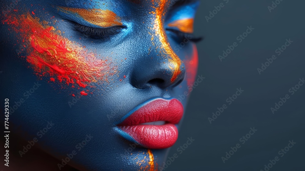 A tight shot of a woman's closed eyes, surrounded by blue and orange paint on her face A tight shot of a woman's closed eyes, surrounded by blue and orange paint on her face
