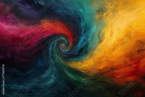  A vibrant swirl of hues in the heart of a red, yellow, blue, and green abstract painting