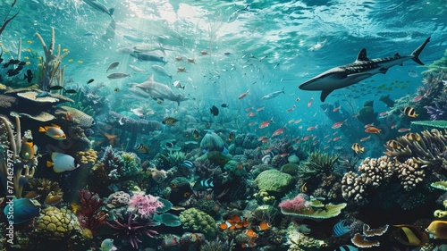 Marine ecosystems protect the marine food chain and ensure the sustainability of biodiversity.world ocean day world environment day Virtual image.