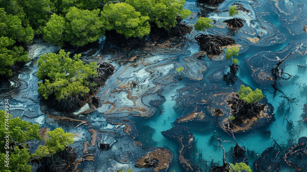 Oil has the potential to destroy habitats, particularly sensitive or protected area, such as mangroves or coral reefs ,world ocean day world environment day Virtual image.