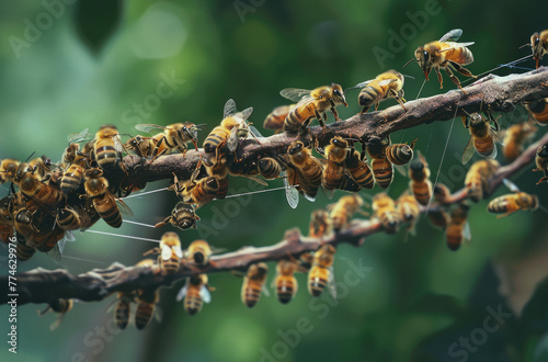  honeybees on the branch hanging down, trying to carry it with them while other bees sit and dance around it