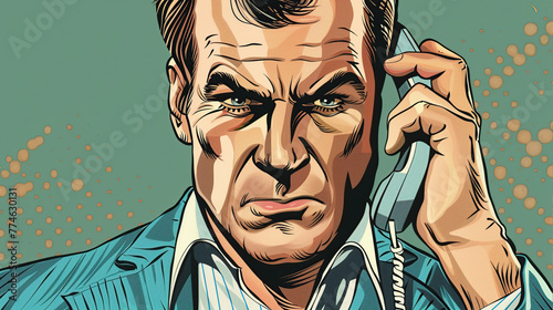 .A man with a serious face is talking on the phone. The concept of a phone scam