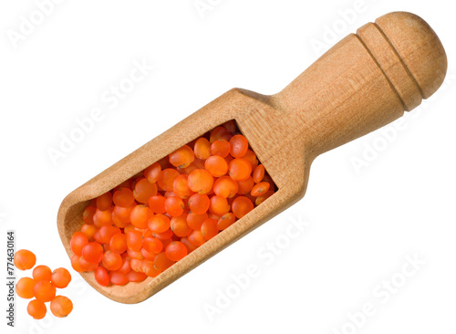 Raw red lentils in the wooden scoop, isolated on white background, top view.