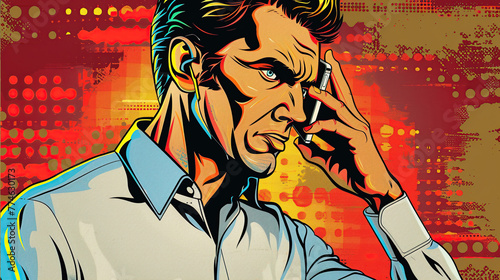 .A man with a serious face is talking on the phone. The concept of a phone scam