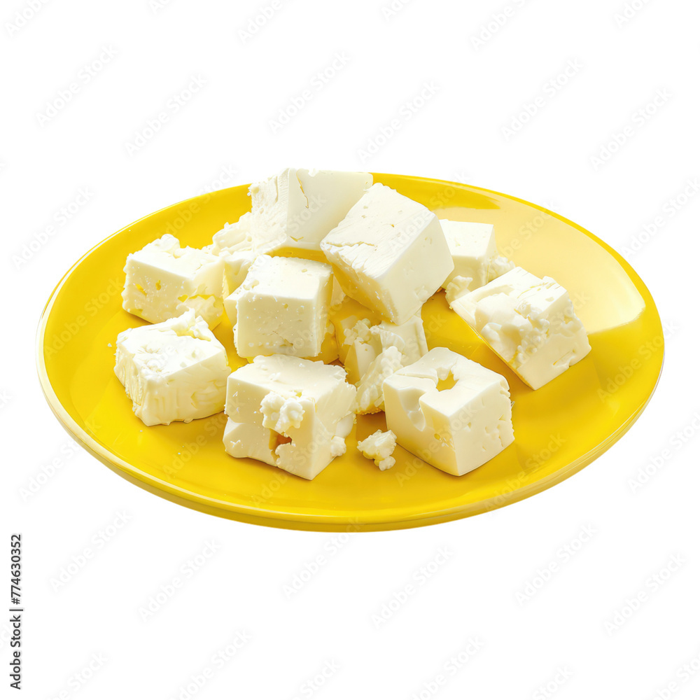 Feta cheese on a yellow plate isolated on transparent background