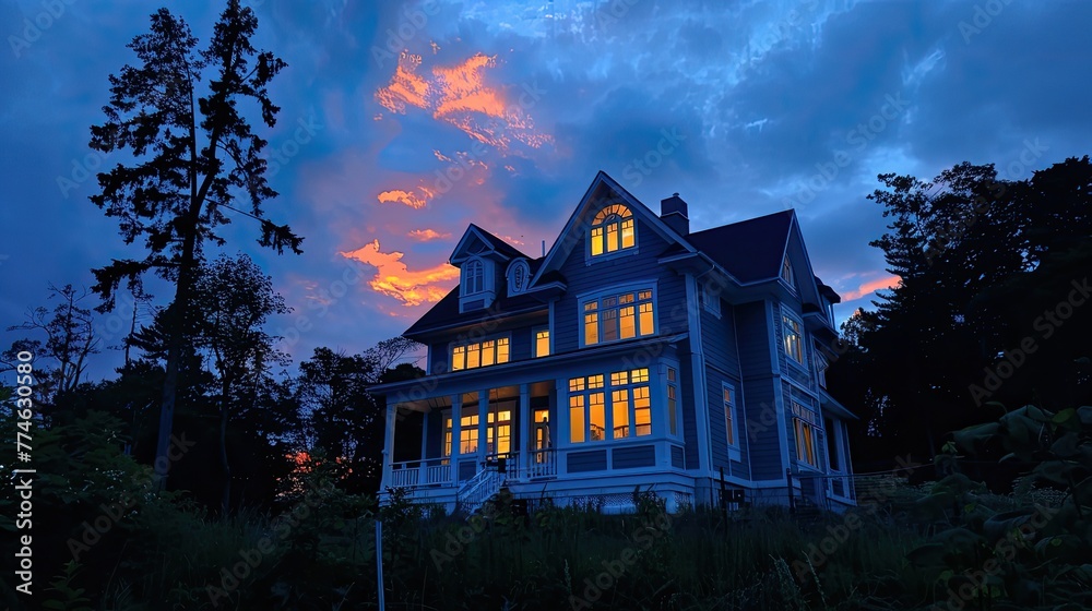 Victorian house under a dramatic sunset sky