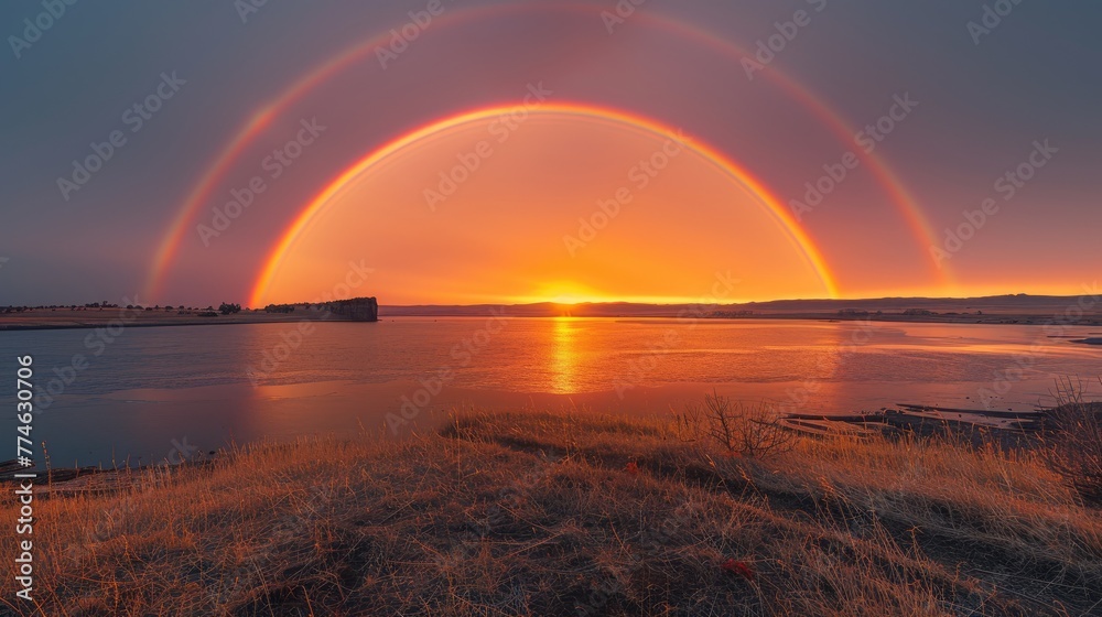 Sunset with a double rainbow over water