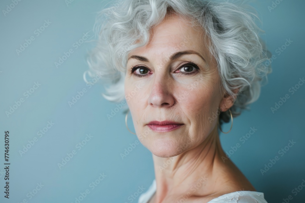 Portrait of a beautiful senior woman with grey hair and blue eyes
