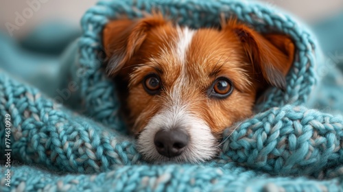  A small brown-and-white dog lies on a bed with a blue blanket, gazing at the camera
