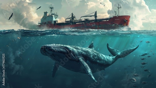 Ship noise pollution affects aquatic animals in the sea.world ocean day world environment day Virtual image.