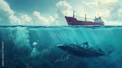Ship noise pollution affects aquatic animals in the sea.world ocean day world environment day Virtual image.