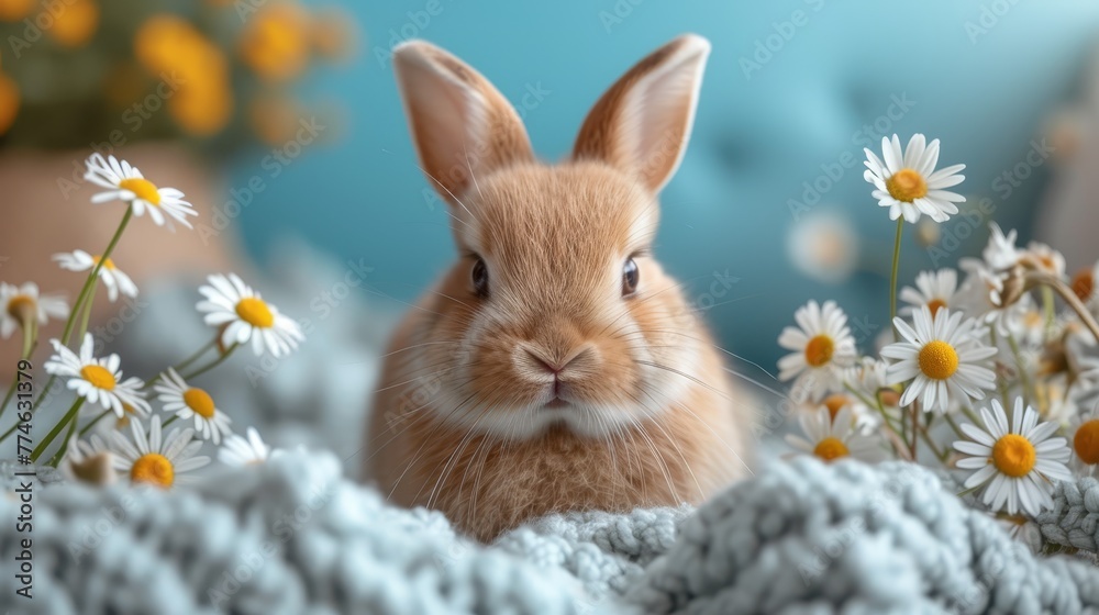   A rabbit seated amidst a field of daisies, foreground and background teeming with these delicate flowers