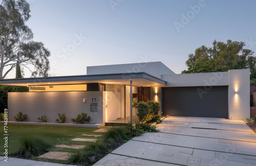 front view of modern simple home in shire grey and white with dark gray accents, front yard has grass and potted plants, with a large black garage door on the right side of house © Kien