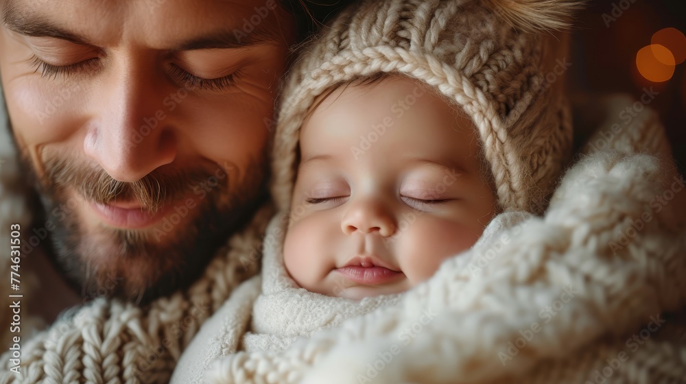 A man closely holds a sleeping baby dressed in a knitted hat against a blanketed backdrop Lights glow softly in the background A man closely holds a sleeping baby dressed in a knitted hat against a blanketed backdrop Lights glow softly in the background