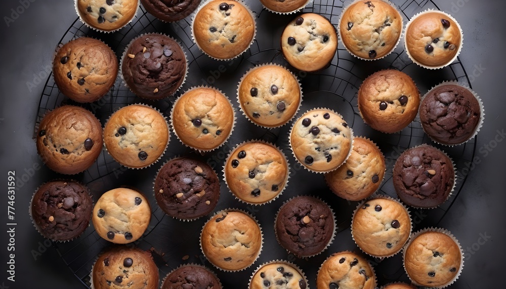 View from above of a variety of different tastes muffins, vhocolate, chips, cocoa, vanilla, nuts, isced sugar, cream ones, aerial view View from above of a variety of different tastes muffins, vhocolate, chips, cocoa, vanilla, nuts, isced sugar, cream ones, aerial view